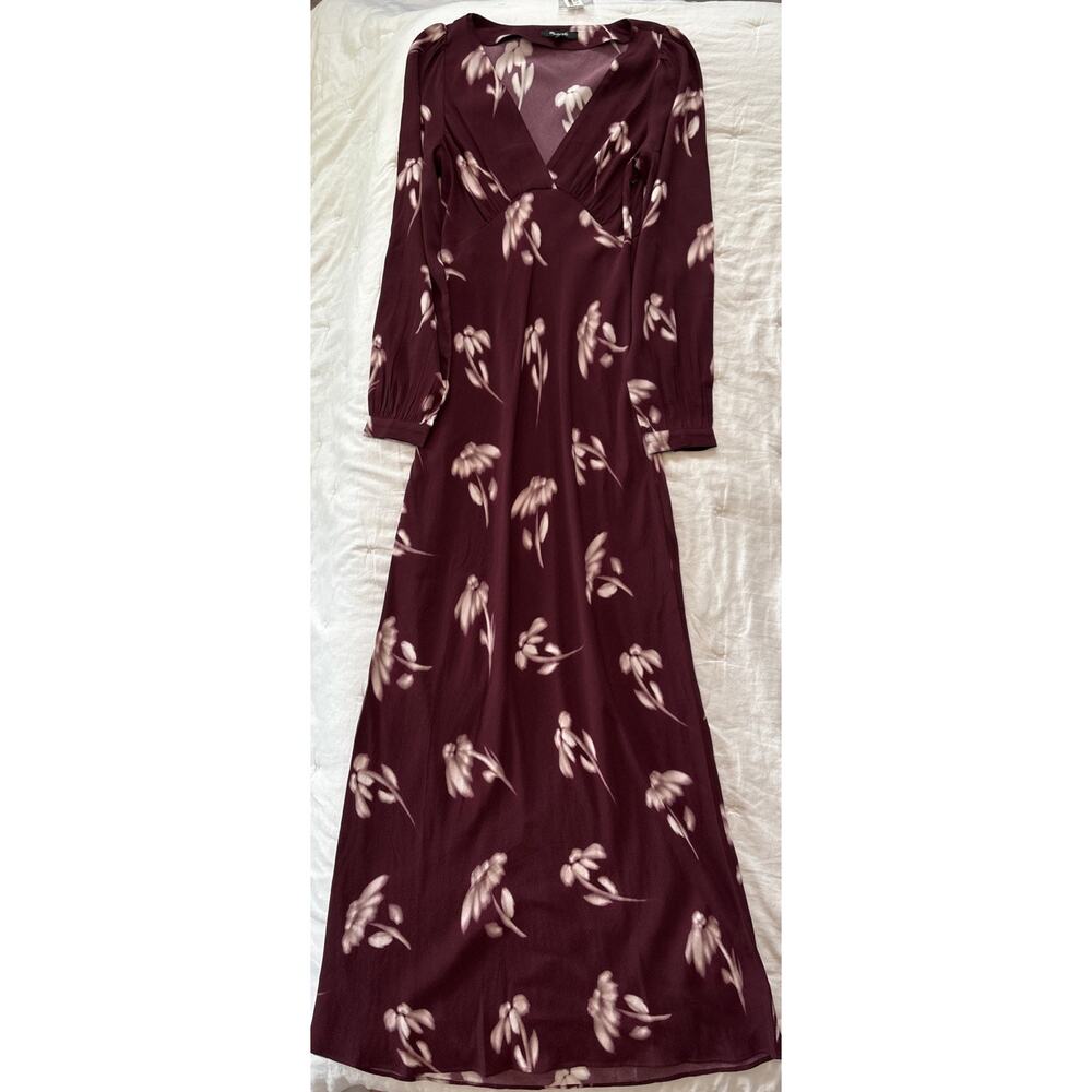 NWT Madewell Dress Womens Size 0 Burgundy Blurry Flowers Long Sleeve V Neck $188